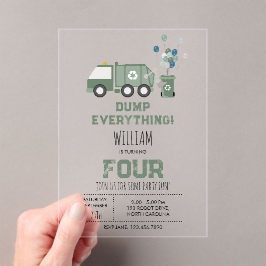 Schattigee Groene Recycling Truck Boys Voertuigen  Acryl Uitnodigingen (Insitu (Draagbaar))