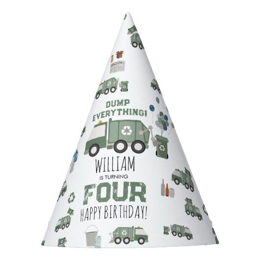 Schattigee Groene Recycling Truck Kinder Naam Age  Feesthoedjes (Voorkant)