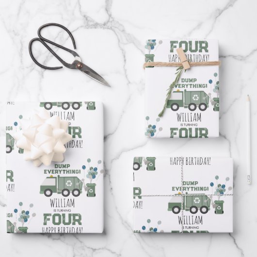 Schattigee Groene Recycling Truck Kinder Naam Age  Inpakpapier Vel (Voorkant)