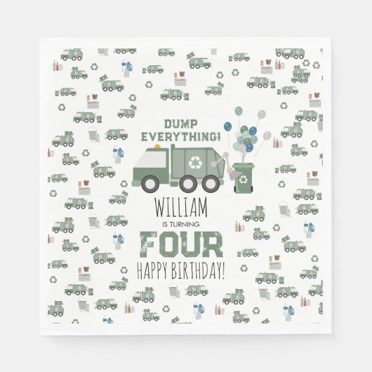 Schattigee Groene Recycling Truck Kinder Naam Age  Servet (Voorkant)