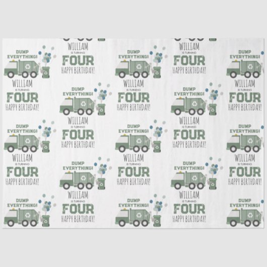 Schattigee Groene Recycling Truck Kinder Naam Age  Tissuepapier (Voorkant)