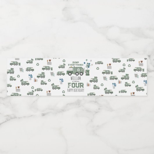 Schattigee Groene Recycling Truck Kinder Naam Age  Waterfles Etiket (Enkel label)