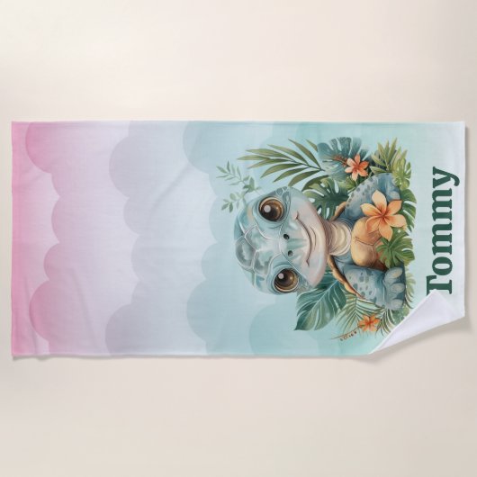 Schattigee Groene Schildpad Cloud Sky Boy Strandlaken (Voorkant)