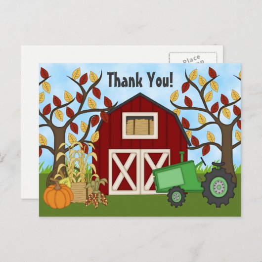 Schattigee groene tractor en schuur herfst Boerder Briefkaart (Voorkant / Achterkant)