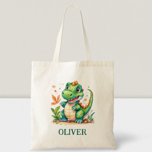 Schattigee groene trex dinosaurus gepersonaliseerd tote bag