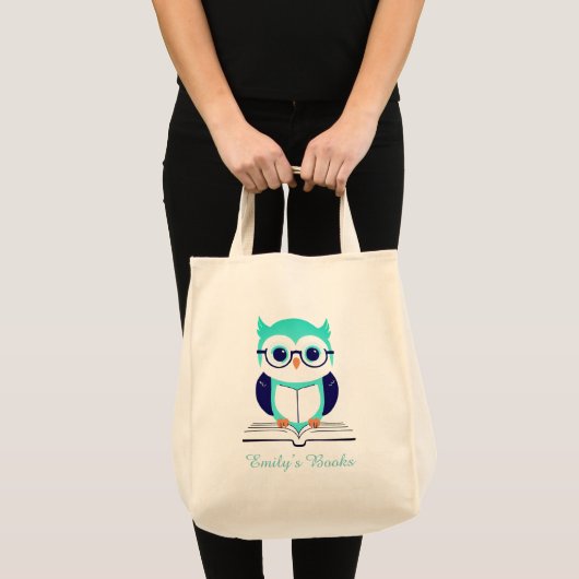 Schattigee groene uil met boek gepersonaliseerd bi tote bag (Voorkant (product))