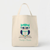 Schattigee groene uil met boek gepersonaliseerd bi tote bag (Voorkant)