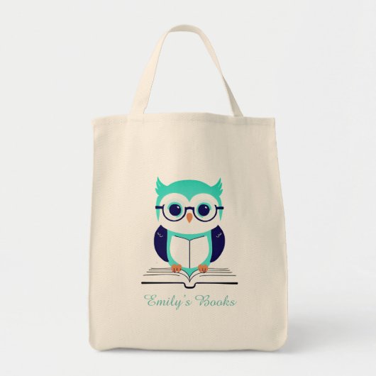 Schattigee groene uil met boek gepersonaliseerd bi tote bag (Voorkant)