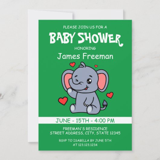 Schattigee Groene Vector Boy Elephant Baby shower Kaart (Voorkant)