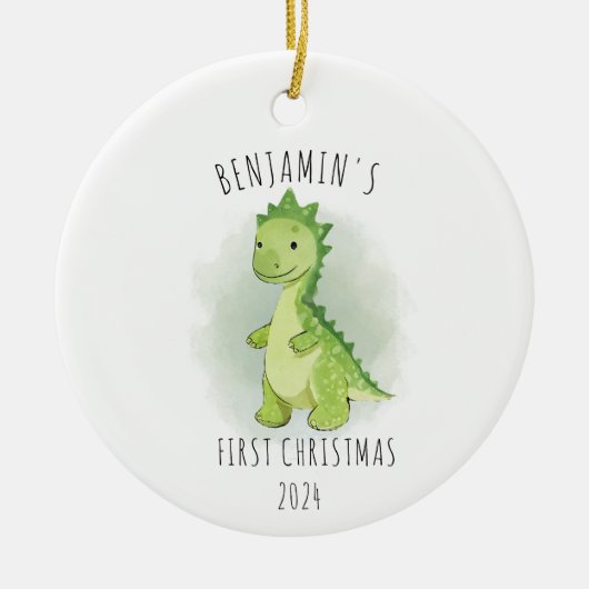 Schattigee Groene Waterverf Dinosaurus Eerste Kers Keramisch Ornament (Voorkant)