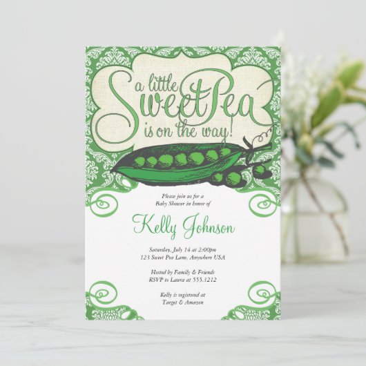 Schattigee groene zoete erwt Baby shower uitnodigi Kaart (Staand voorkant)