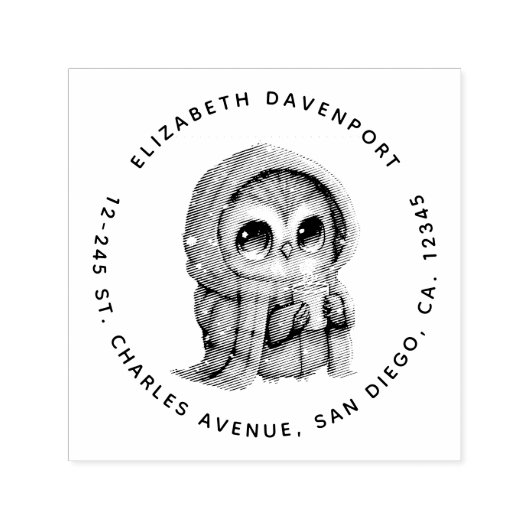 Schattigee grootogige uil met een koffieadres zelfinktende stempel (Design)