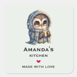 Schattigee grootogige uil met een koffiekeuken vierkante sticker