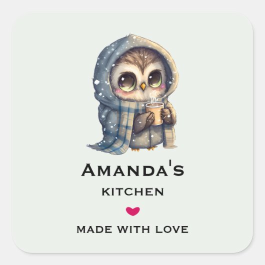 Schattigee grootogige uil met een koffiekeuken vierkante sticker (Voorkant)