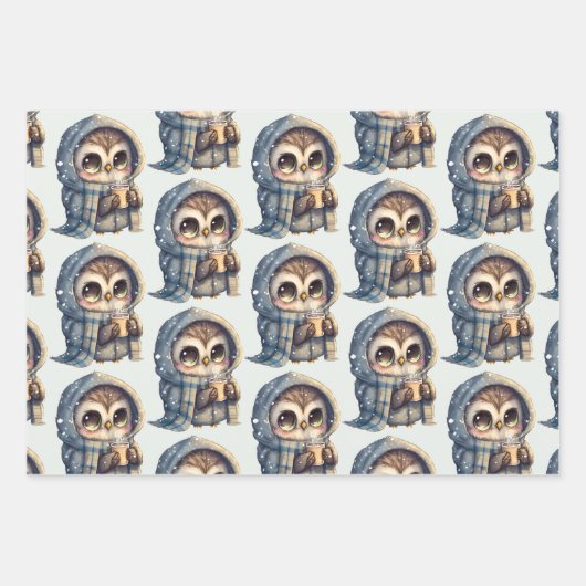 Schattigee grootogige uil met een koffiepatroon inpakpapier vel (Voorkant 2)