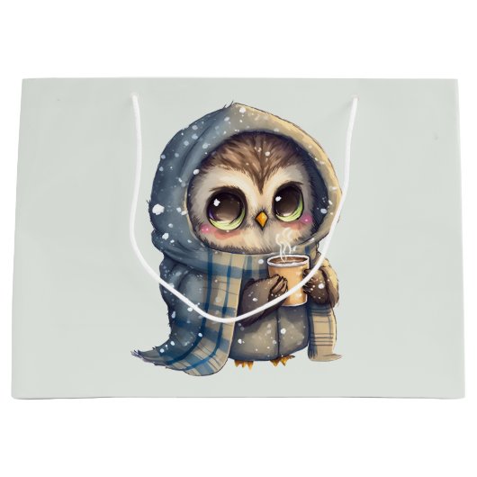 Schattigee grootogige uil met een kop koffie groot cadeauzakje (Voorkant)
