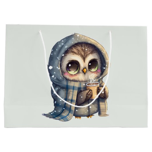 Schattigee grootogige uil met een kop koffie groot cadeauzakje (Achterkant)