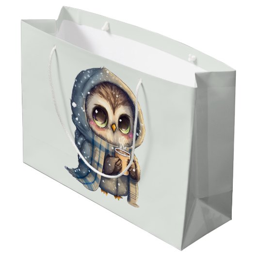 Schattigee grootogige uil met een kop koffie groot cadeauzakje (Achterkant Gekanteld)