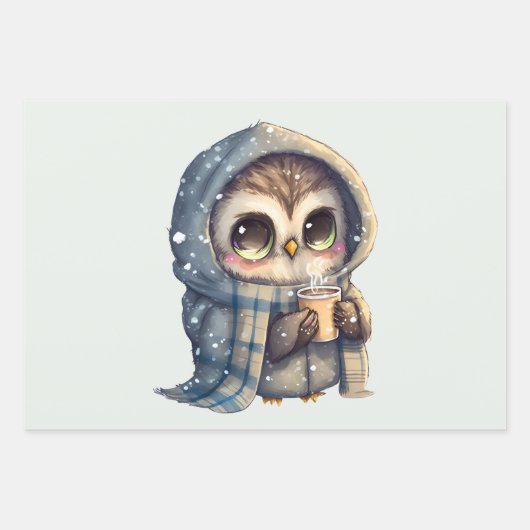 Schattigee grootogige uil met een kop koffie inpakpapier vel (Voorkant 3)