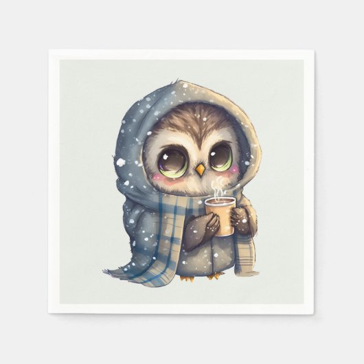 Schattigee grootogige uil met een kop koffie servet (Voorkant)