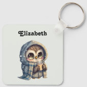 Schattigee grootogige uil met een kop koffie sleutelhanger (Achterkant)