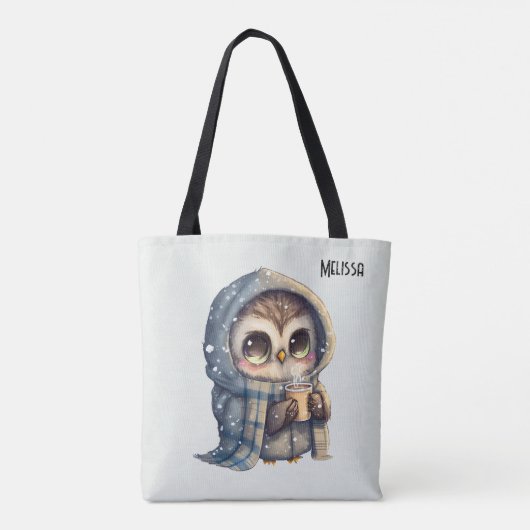 Schattigee grootogige uil met een kop koffie tote bag (Achterkant)