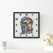 Schattigee grootogige uil met een kop koffie vierkante klok (Huis)