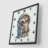 Schattigee grootogige uil met een kop koffie vierkante klok (Hoek)