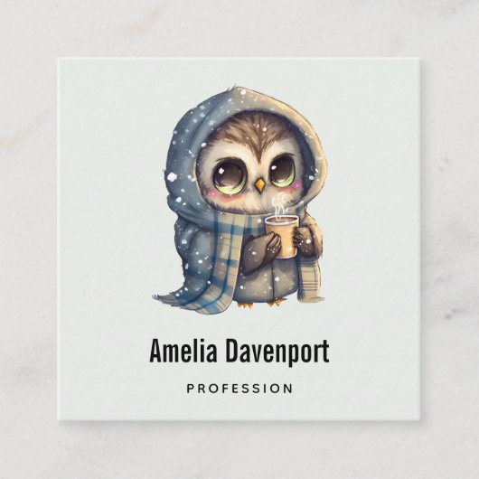 Schattigee grootogige uil met een kop koffie vierkante visitekaartje (Voorkant)