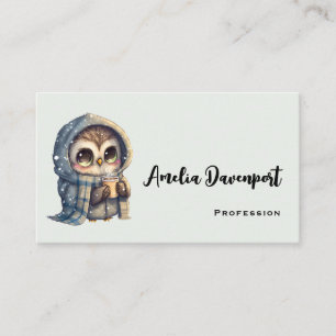 Schattigee grootogige uil met een kop koffie visitekaartje