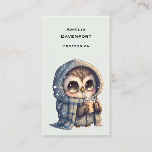 Schattigee grootogige uil met een kop koffie visitekaartje (Voorkant)