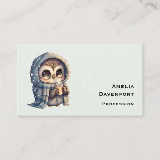 Schattigee grootogige uil met een kop koffie visitekaartje (Voorkant)