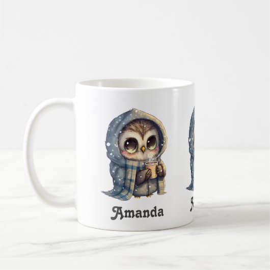 Schattigee grootogige uil met een kopje koffie - koffiemok (Links)