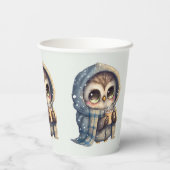 Schattigee grootogige uil met een kopje koffie - papieren bekers (Achterkant)