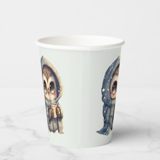Schattigee grootogige uil met een kopje koffie - papieren bekers (Rechts)
