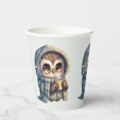 Schattigee grootogige uil met een kopje koffie - papieren bekers (Voorkant)