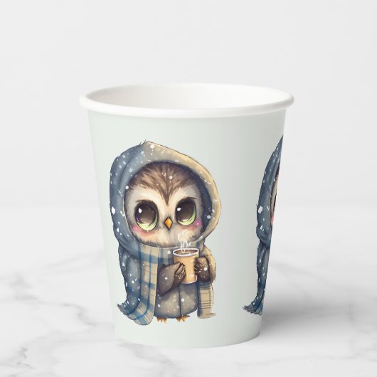 Schattigee grootogige uil met een kopje koffie - papieren bekers (Voorkant)