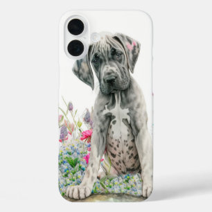 SCHATTIGEE GROTE DANE PUPPY HOND IN WILDE BLOEMEN iPhone 16 PLUS HOESJE