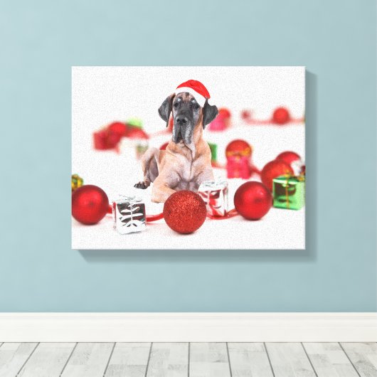 Schattigee Grote Deen Hond Kerstman Canvas Afdruk (Insitu (Houten vloer))
