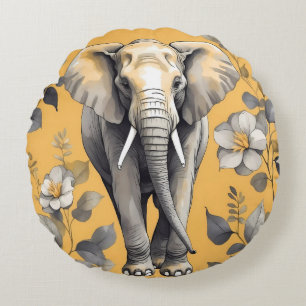 Schattigee grote olifant die over gele madeliefjes rond kussen
