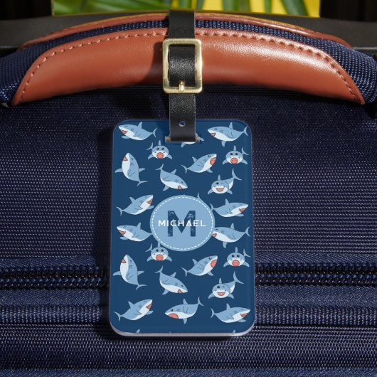 Schattigee Grote Witte Haaien Oceaan Patroon Monog Bagagelabel (Voorkant Insitu 2)