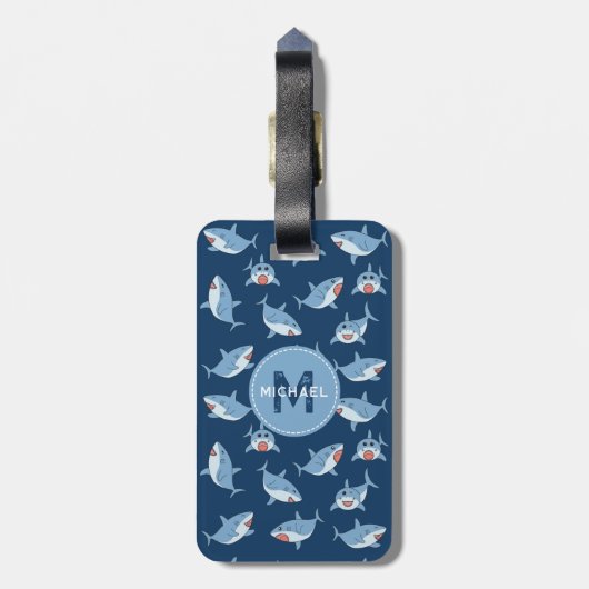 Schattigee Grote Witte Haaien Oceaan Patroon Monog Bagagelabel (Achterkant verticaal)