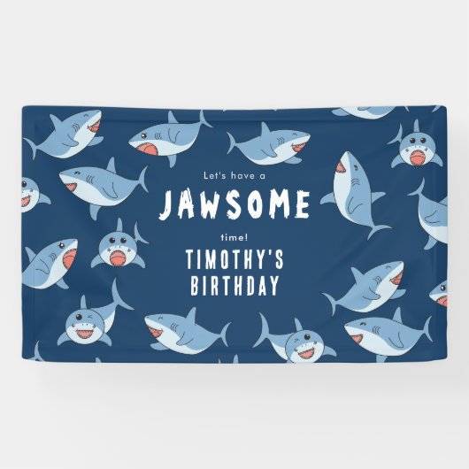 Schattigee grote witte haaien oceaan verjaardagsfe spandoek (Horizontaal)