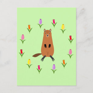 Schattigee Groundhog en Tulip Flowers Briefkaart