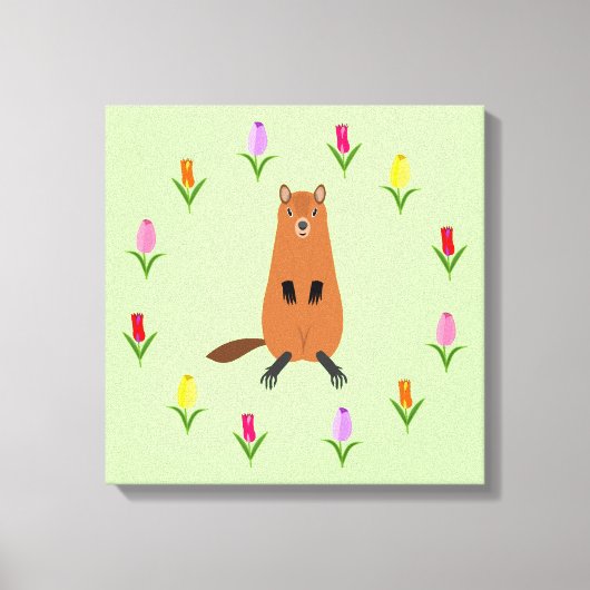 Schattigee Groundhog en Tulip Flowers Canvas Afdruk (Voorkant)