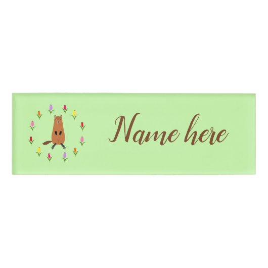 Schattigee Groundhog en Tulip Flowers Custom Name Naambadge (Voorkant)