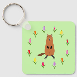 Schattigee Groundhog en Tulip Flowers Custom Sleutelhanger