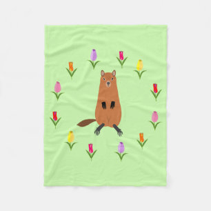 Schattigee Groundhog en Tulip Flowers Fleece Deken