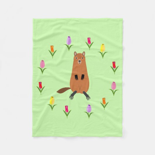 Schattigee Groundhog en Tulip Flowers Fleece Deken (Voorkant)