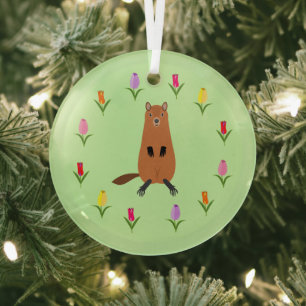Schattigee Groundhog en Tulip Flowers Glas Ornament